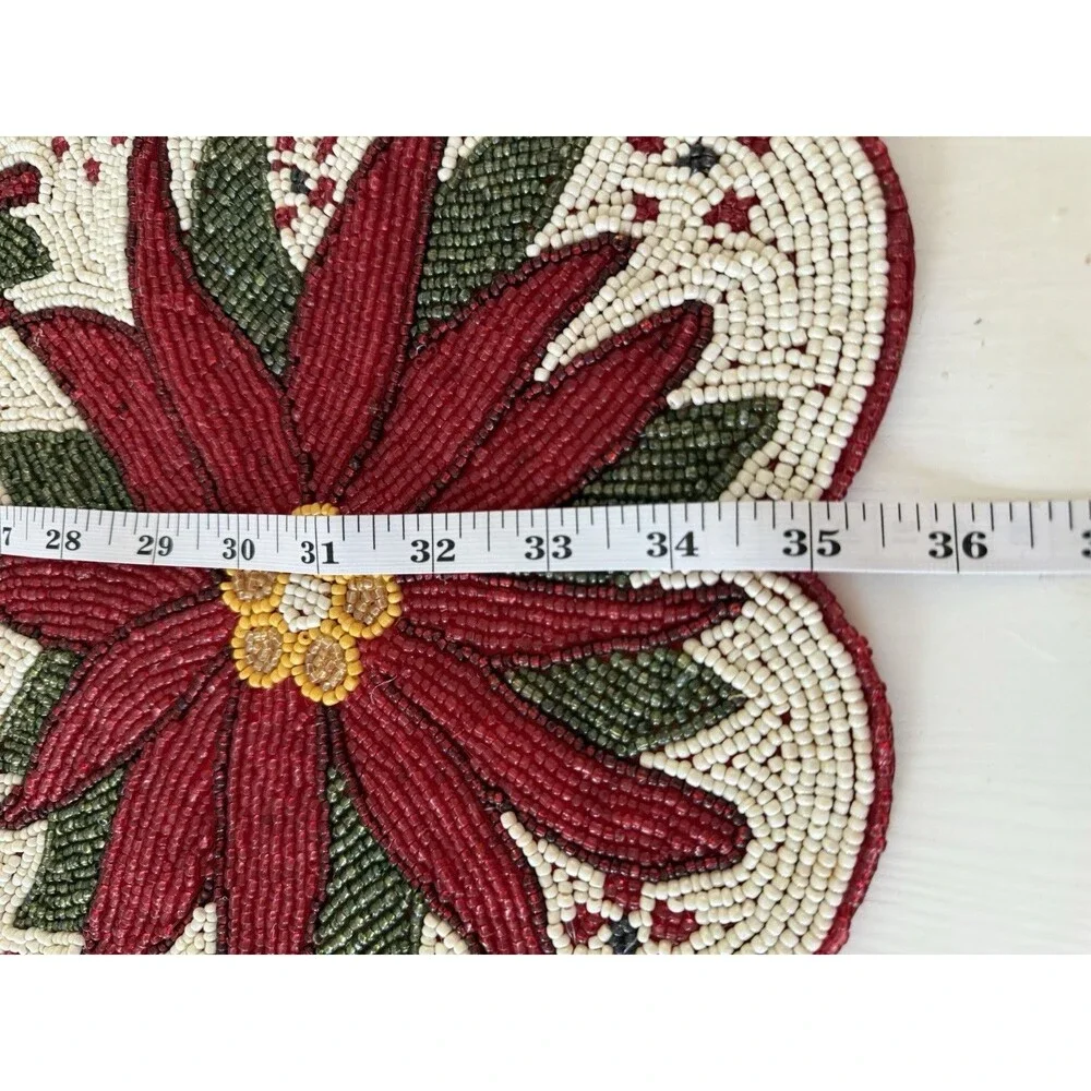 ✿ Vintage Beaded Christmas Table Runner Red Poinsettia Flowers Holiday Decor